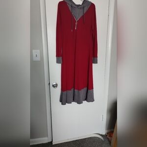 Red and Gray Long Sleeve Hoodie Dress